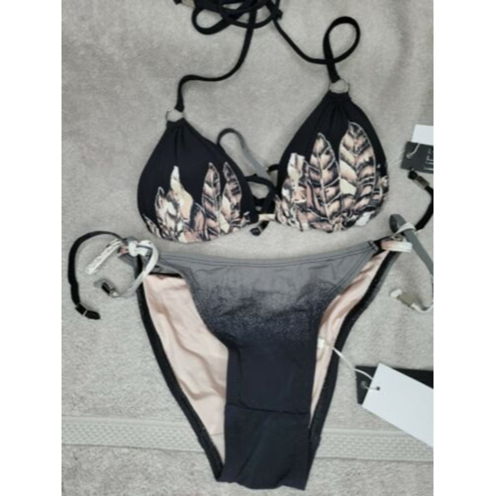 NWT Wet 2-Piece Bikini Black  Silver Feather Ombre Detail Triangle Top Size XS